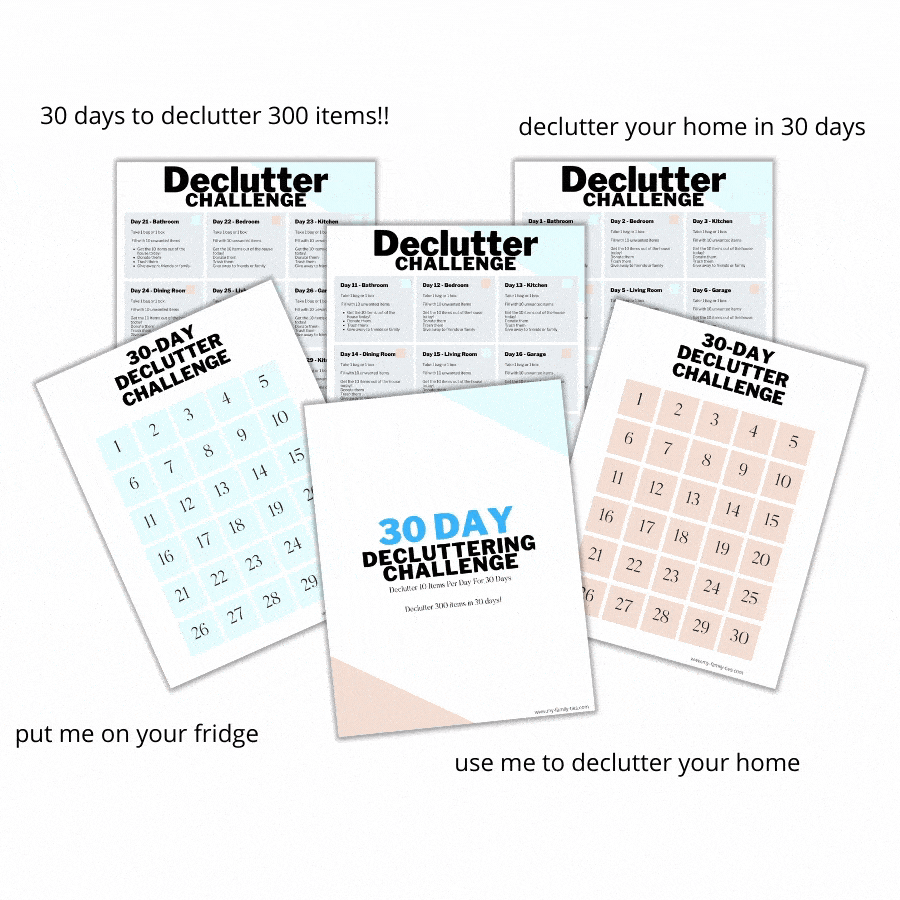 Do you feel overwhelmed by the clutter and mess in your home? Are you struggling to cope with clutter and organizing? Take the 30-Day Decluttering Challenge and get rid of 300 items in 30 days with our checklists and prompts! www.my-family-ties.com