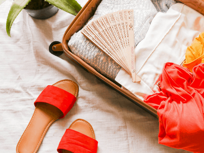 Suitcase, red shoes, fan, packing image, ready for moving or holiday, Social-Squares_Styled-Stock-Photos-for-Social-Media_