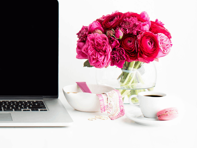 Desktop, laptop, pink flowers, peonies, coffee cup, macaroon, online tools for blog, social squares, 